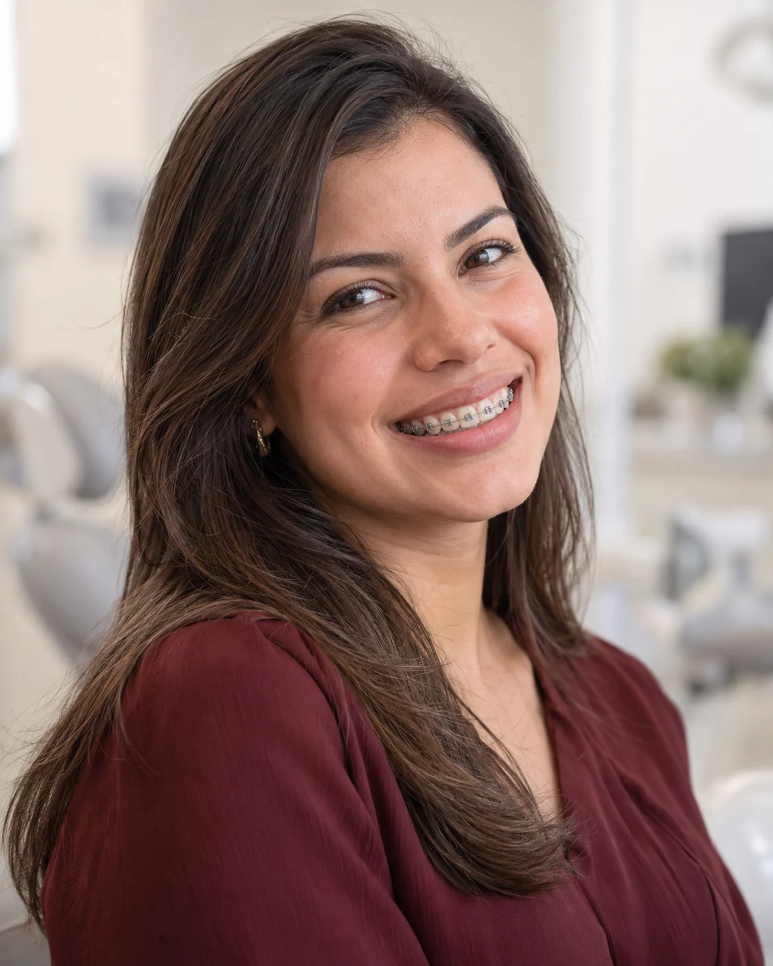 Mulher adulta sorrindo com aparelho ortodôntico